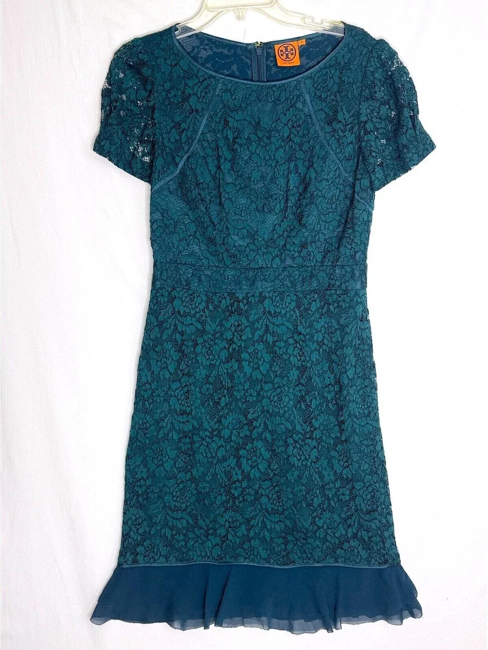 Tory Burch Teal Lace Cocktail Dress 8 Silk Ruffle Puff Sleeve